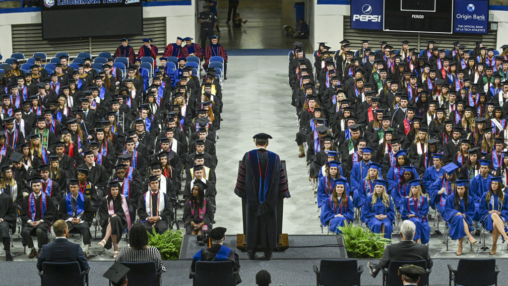 The 2022 Spring Commencement ceremony for the College of Applied and Natural Sciences and the College of Business, in the Thomas Assembly Center. Photograph by Emerald McIntyre/Louisiana Tech University